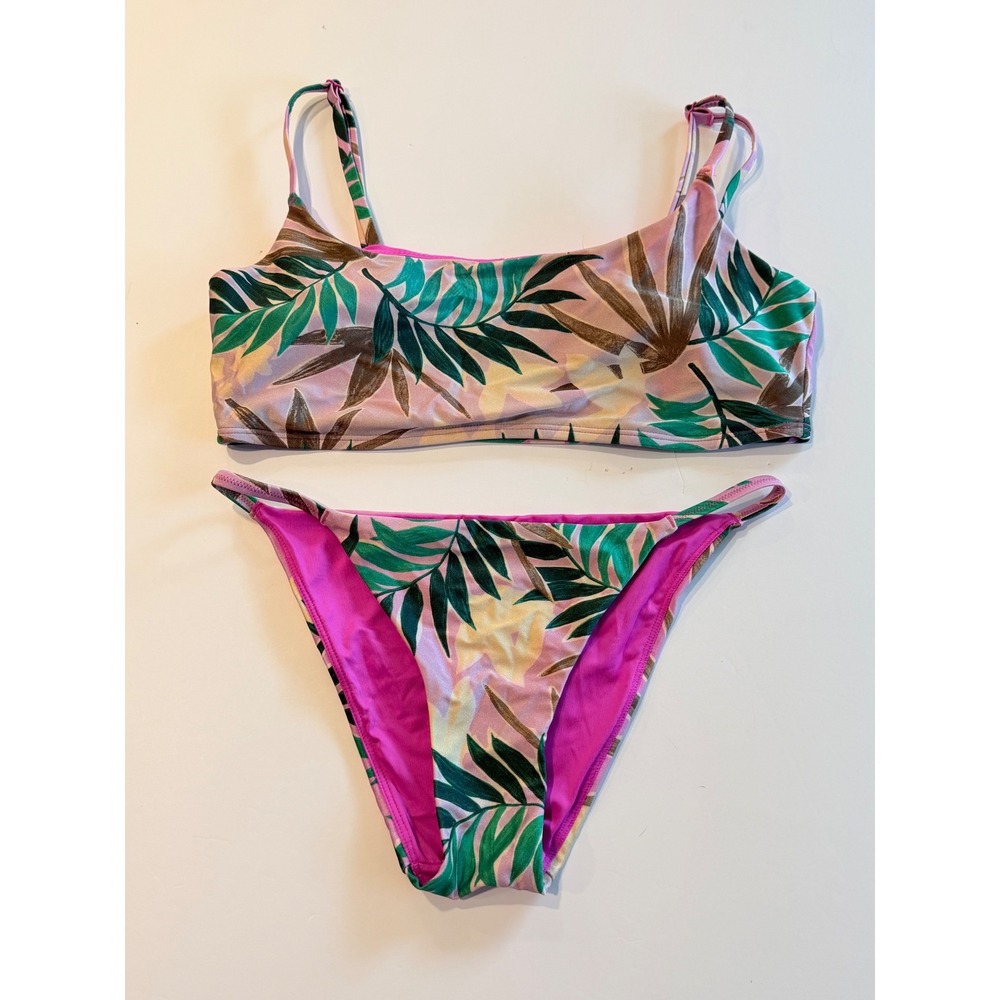 Love & Sports Tropical Palm Print Bikini Set Pink Green Large Top Small Bottom
